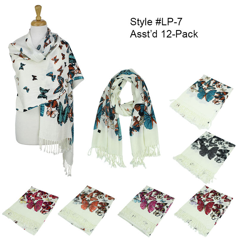 12-pack Butterfly Print Pashmina Scarf Shawls Assorted Colors LP 07